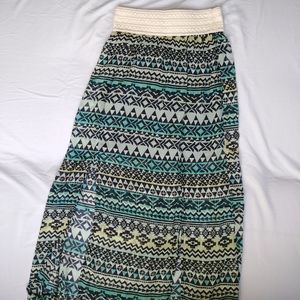 Aqua & Cream Tribal Patterned Full Length Skirt